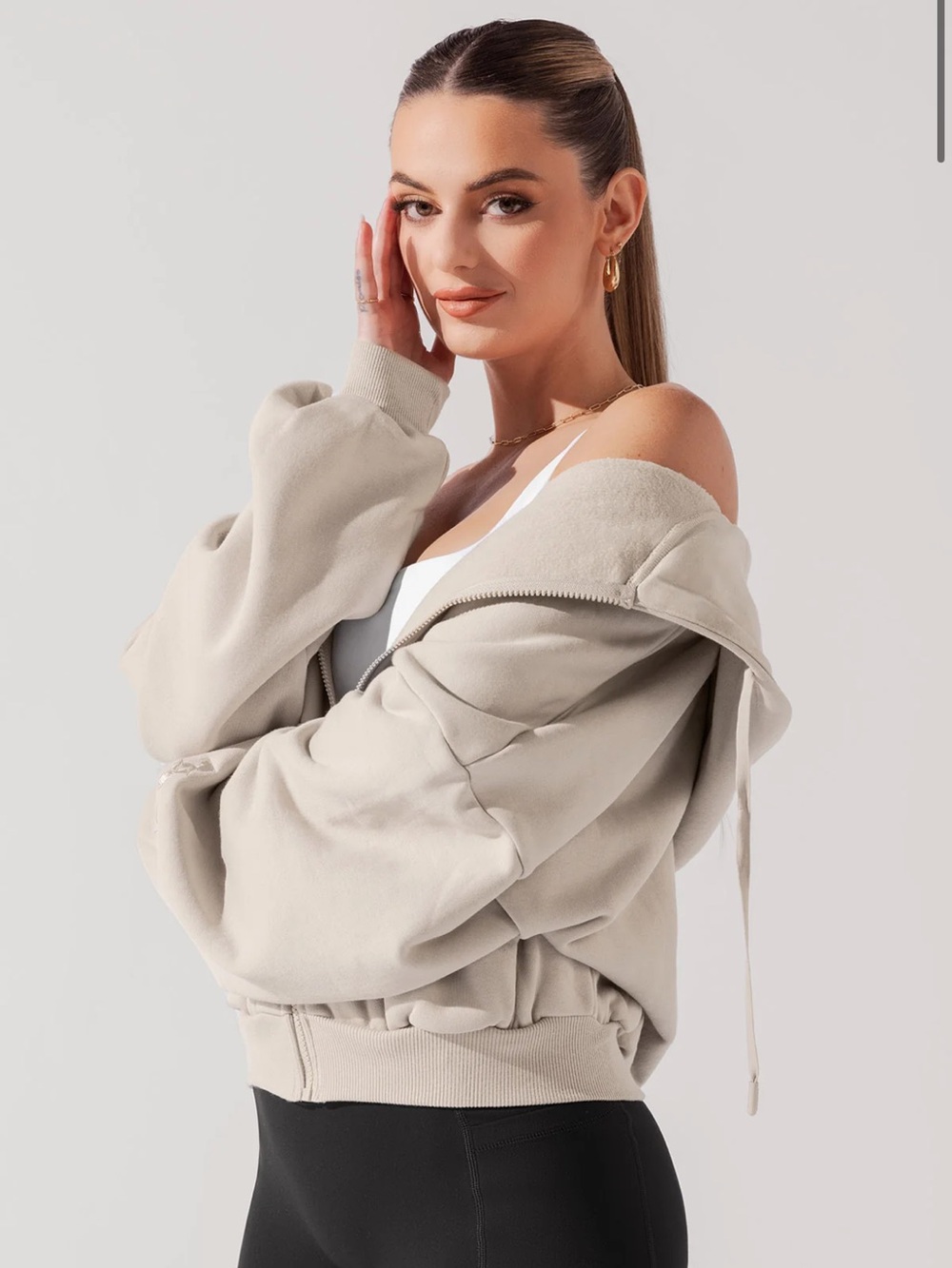 POPFLEX Cloud Hoodie Sand Beige Oversized Zip Up Sweatshirt Size S/M